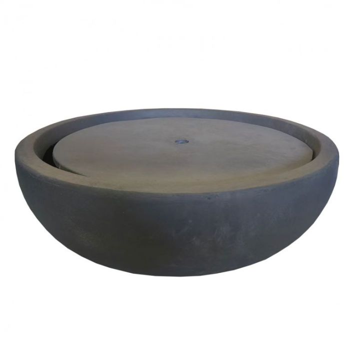 Concrete water feature bowl with a lighter gray interior on a white background
