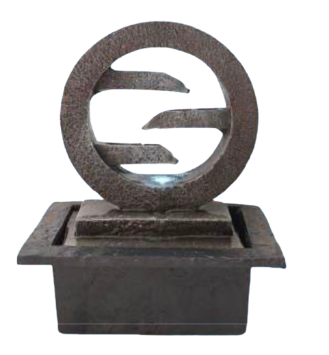A Zen circular stone tabletop fountain with tiered water channels and a rectangular base.