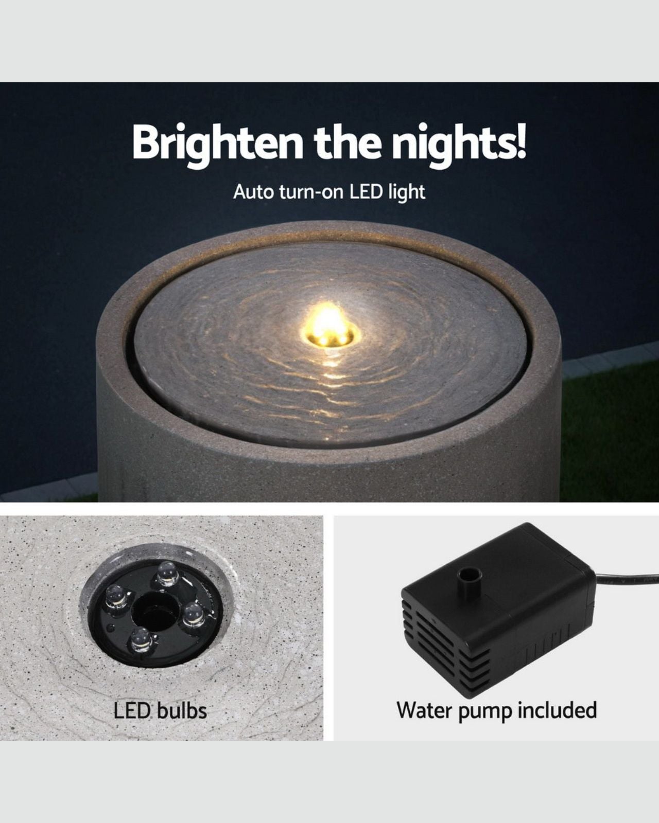 Concrete outdoor light fixture water feature with LED bulbs and water pump on a dark background