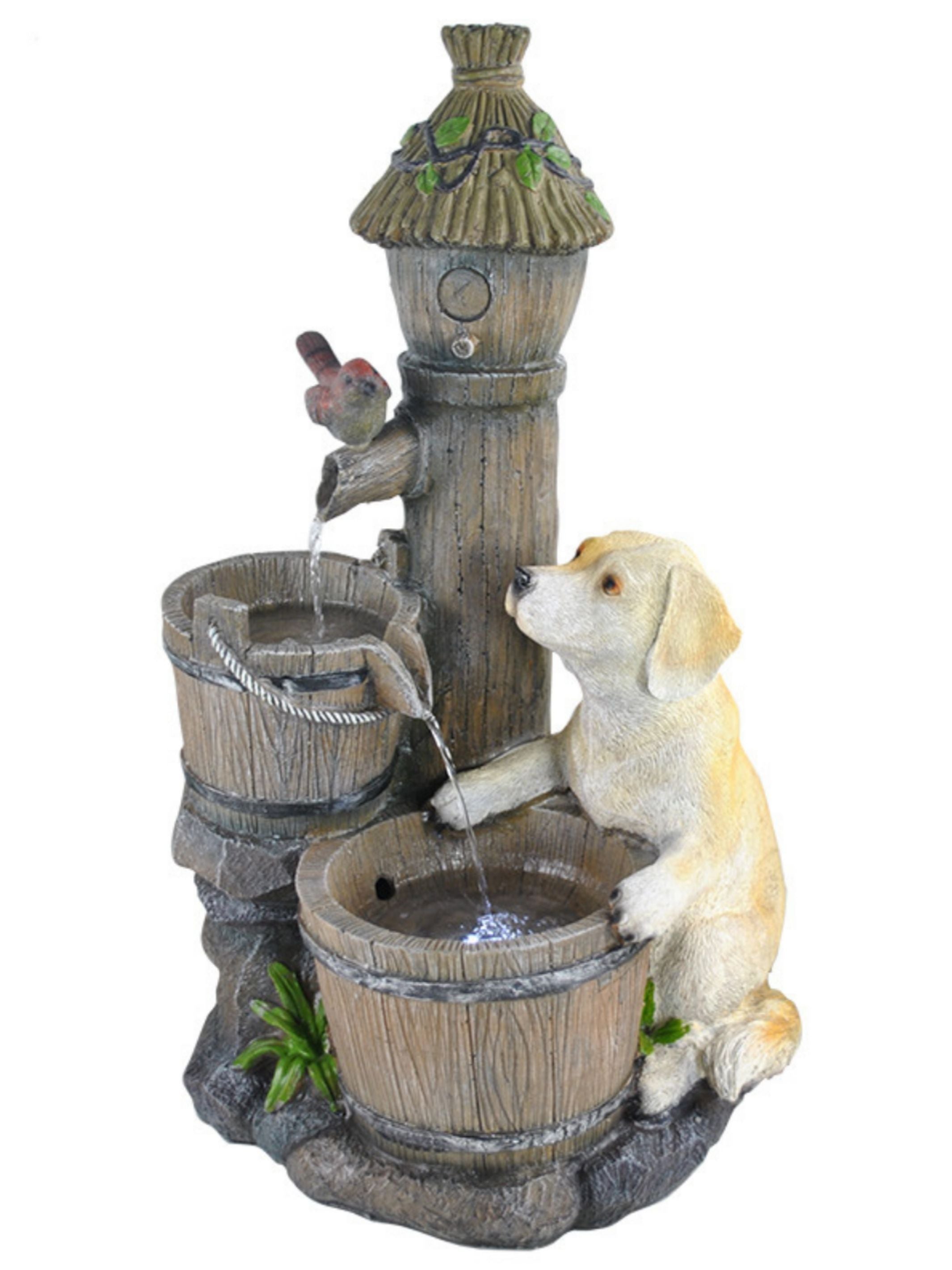 Puppy with Bowl & Bird LED Light Water Feature 63cm