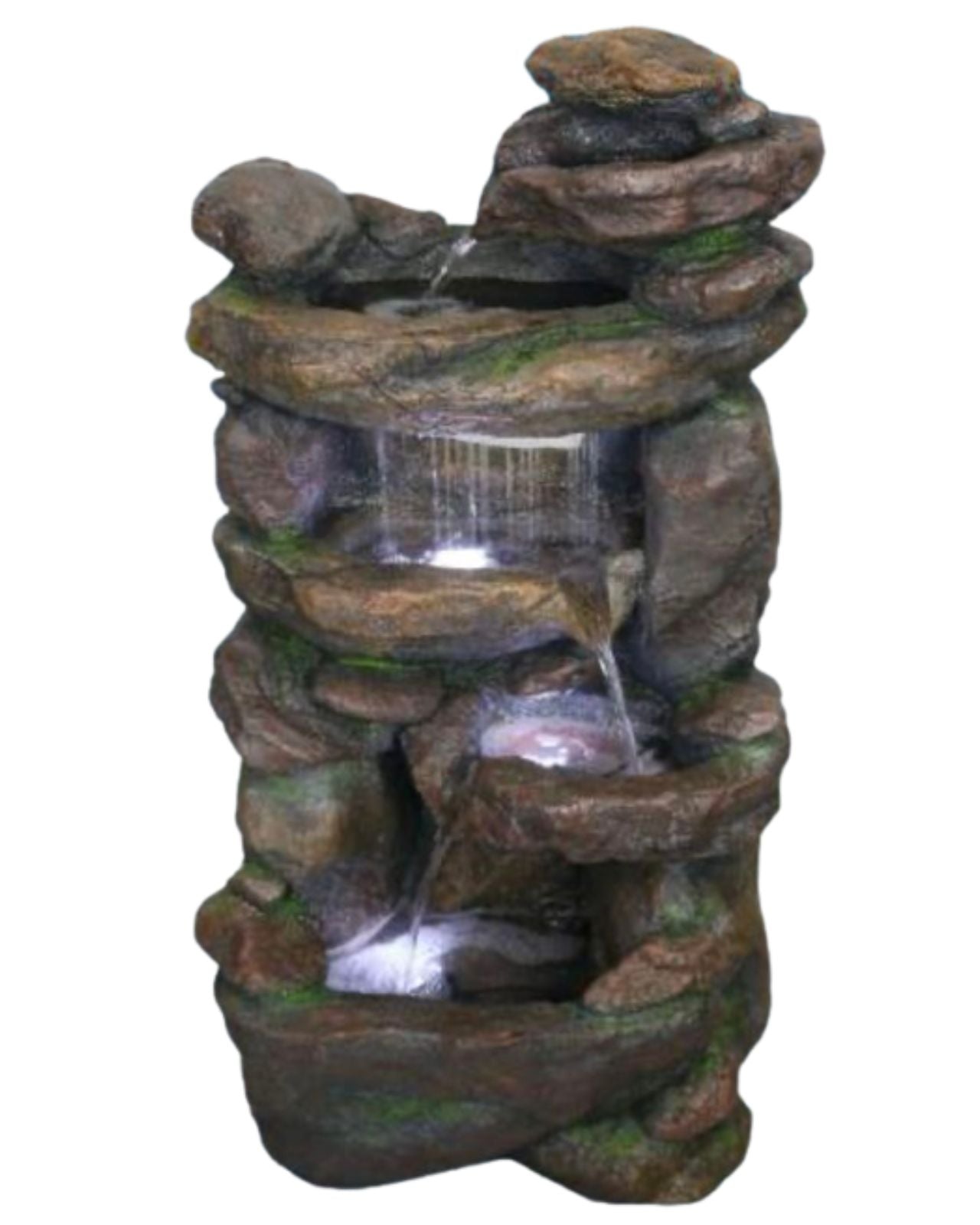 Rock-like water fountain with water flowing down on a white background