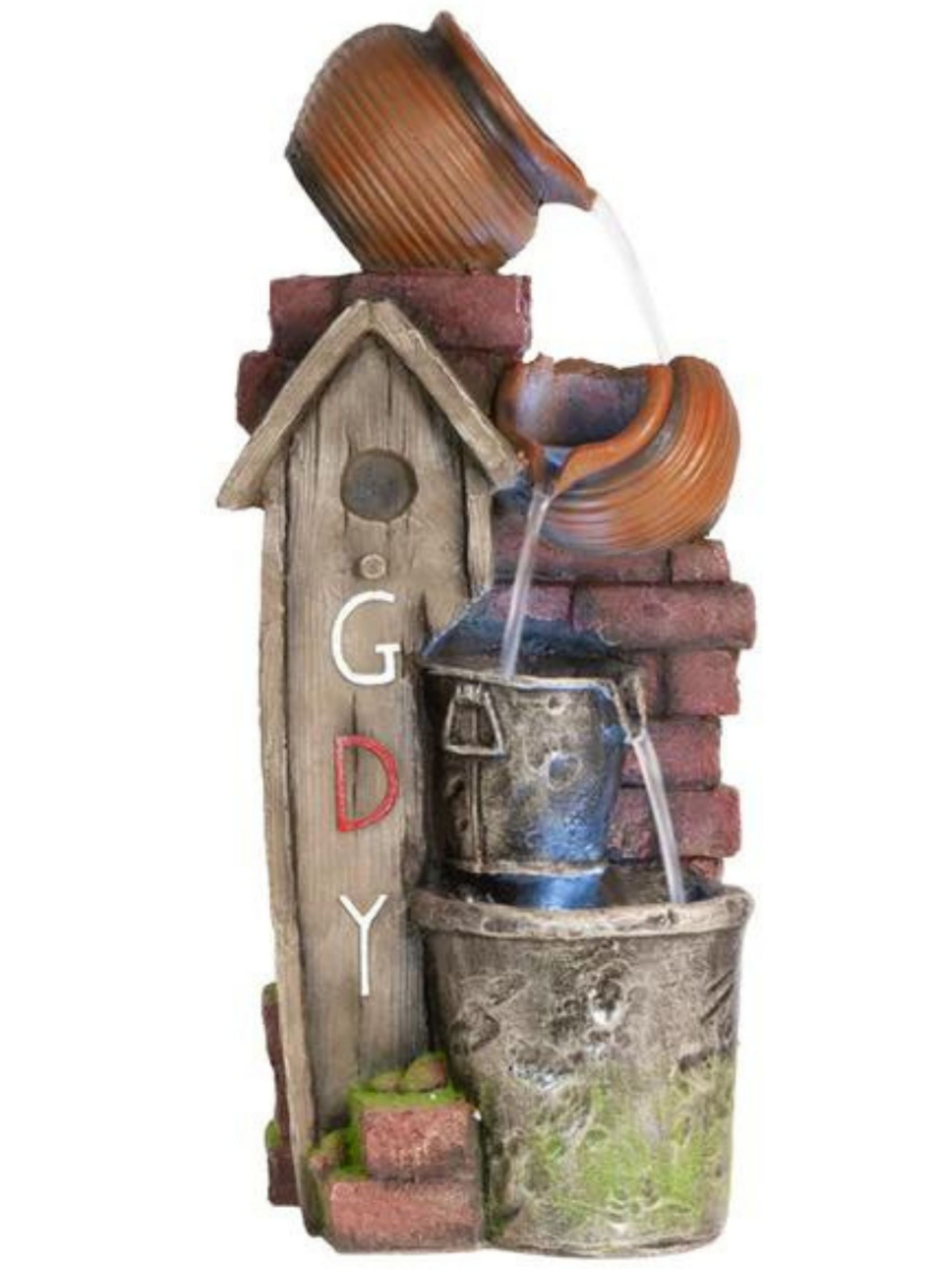 Rustic Gday House with Bowls & Buckets LED Light Water Feature