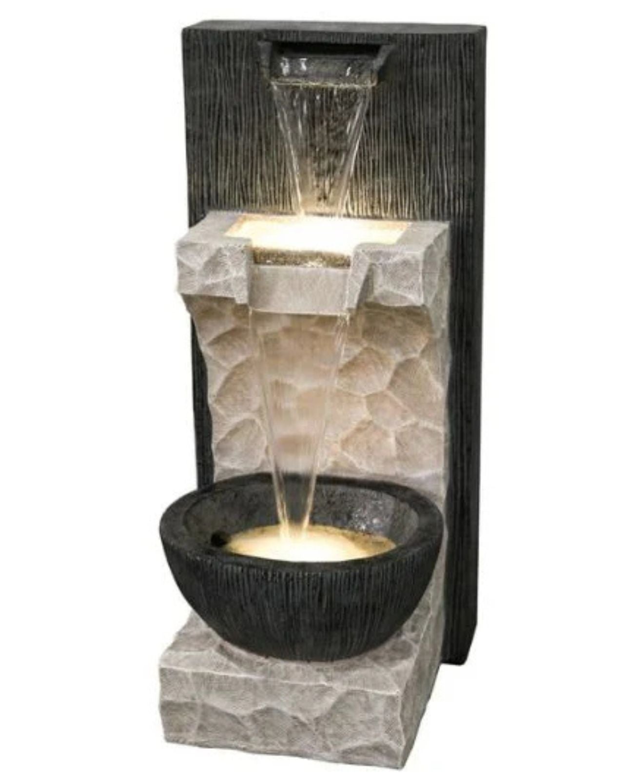 Modern Rustic Rock Texture Tiered LED Wall Water Feature