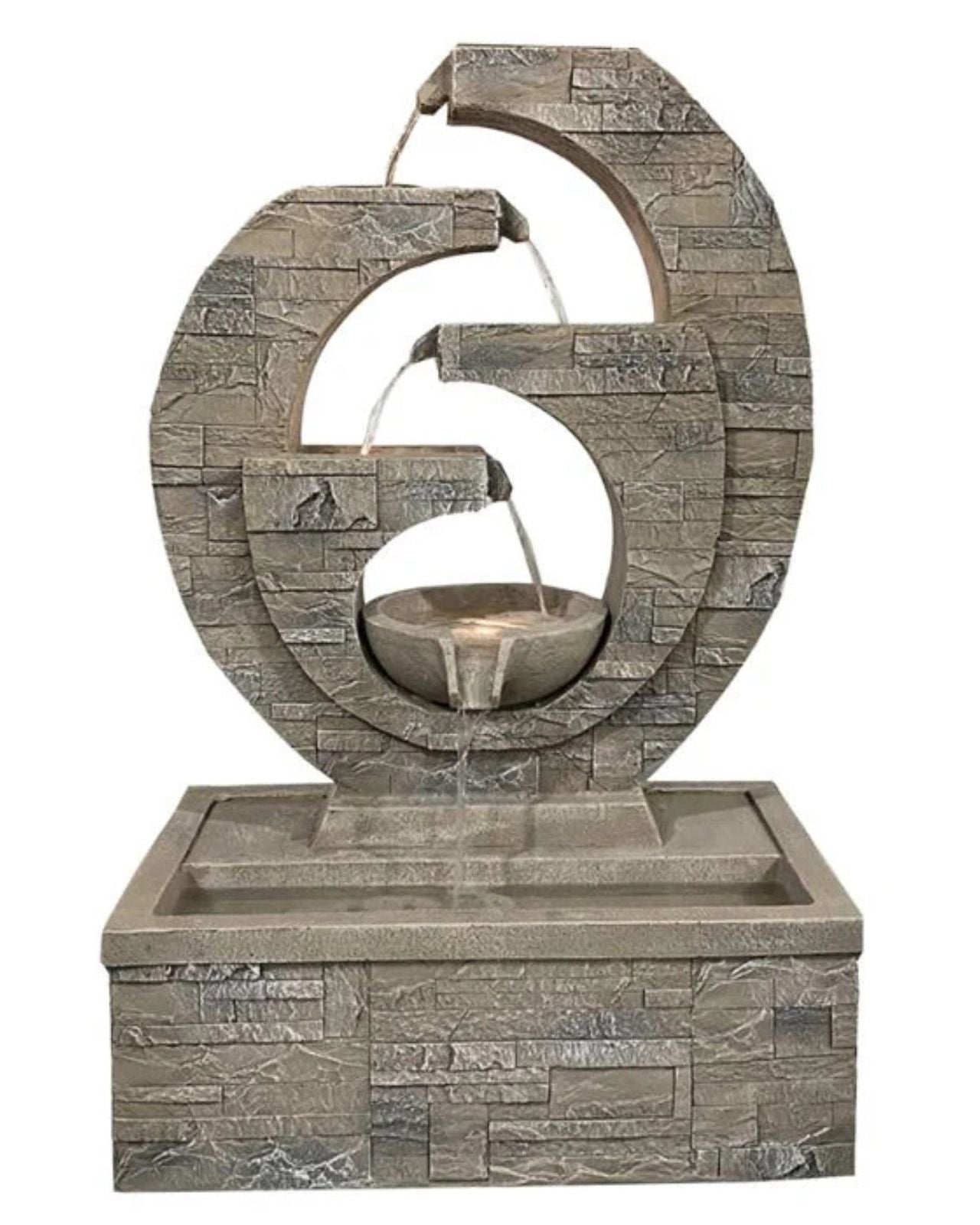 Decorative stone fountain with circular design on a white background