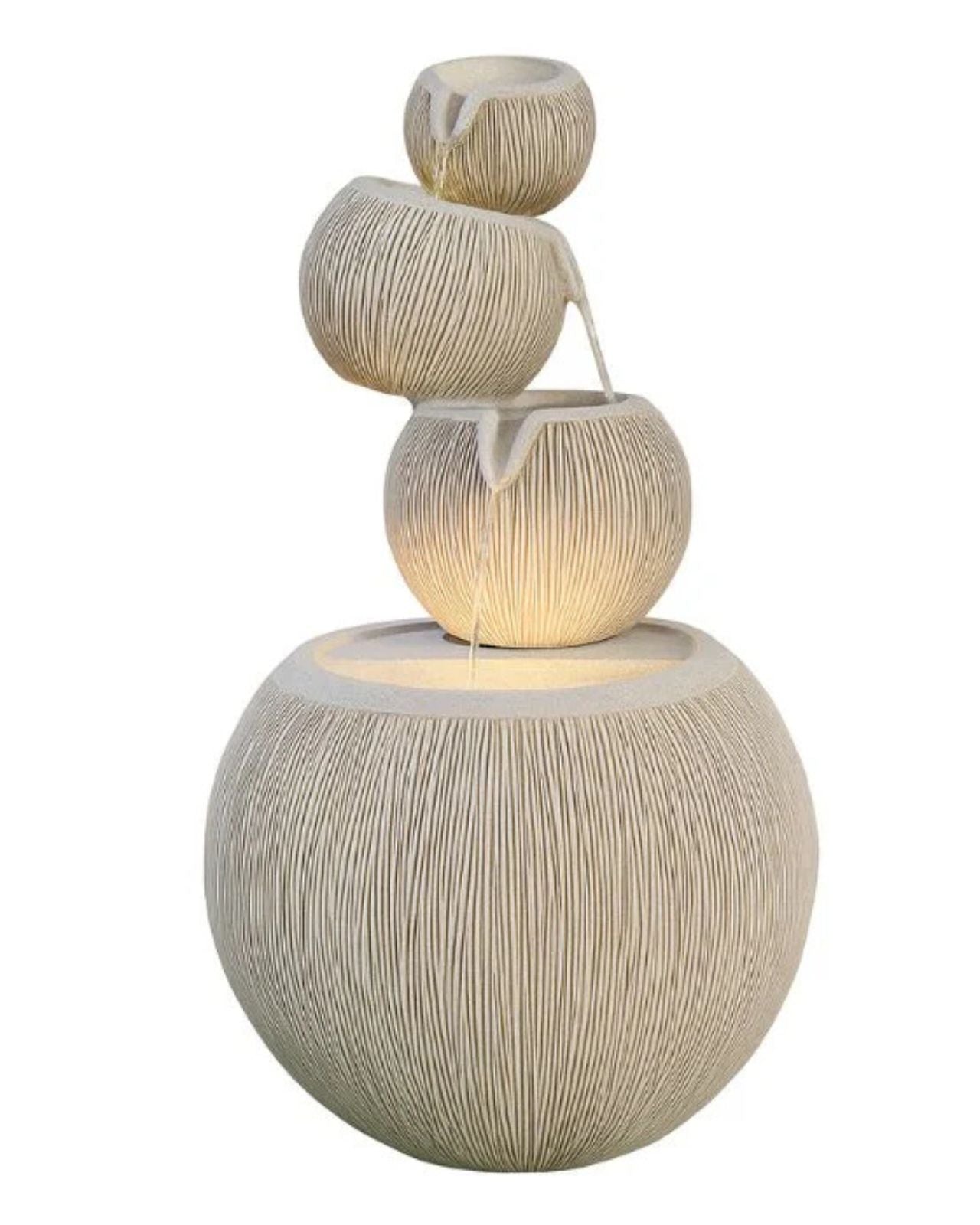 Decorative water fountain with stacked cylindrical shades on a white background