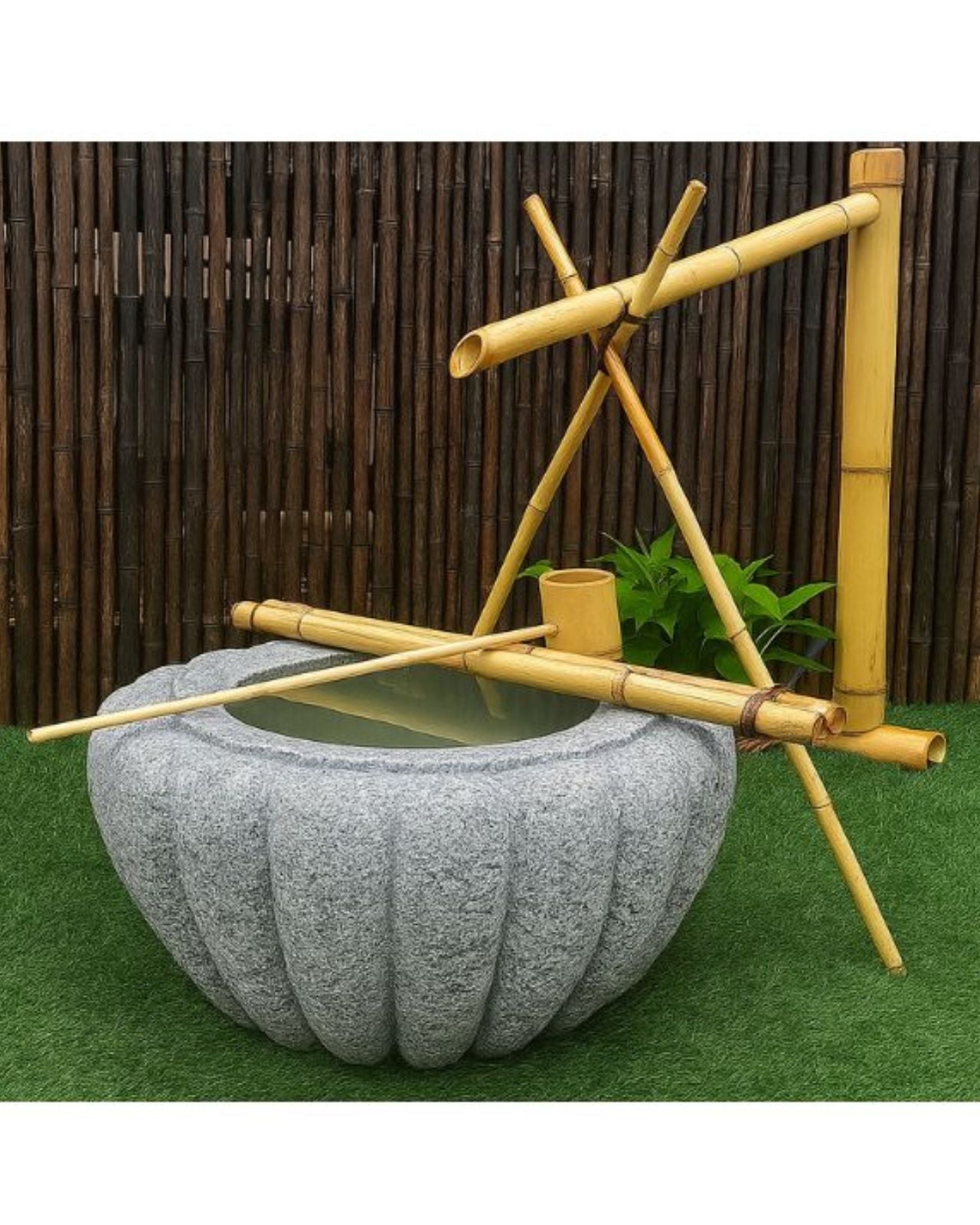 Shishi Odoshi Japanese Bamboo Water Feature w/ Tsukubai Basin