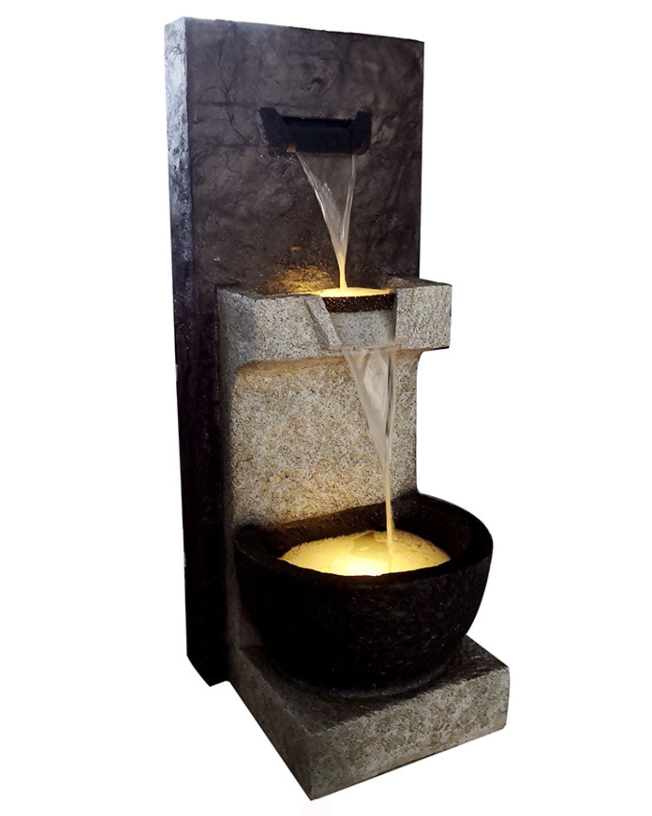 Stone-like wall water fountain with illuminated base on a white background