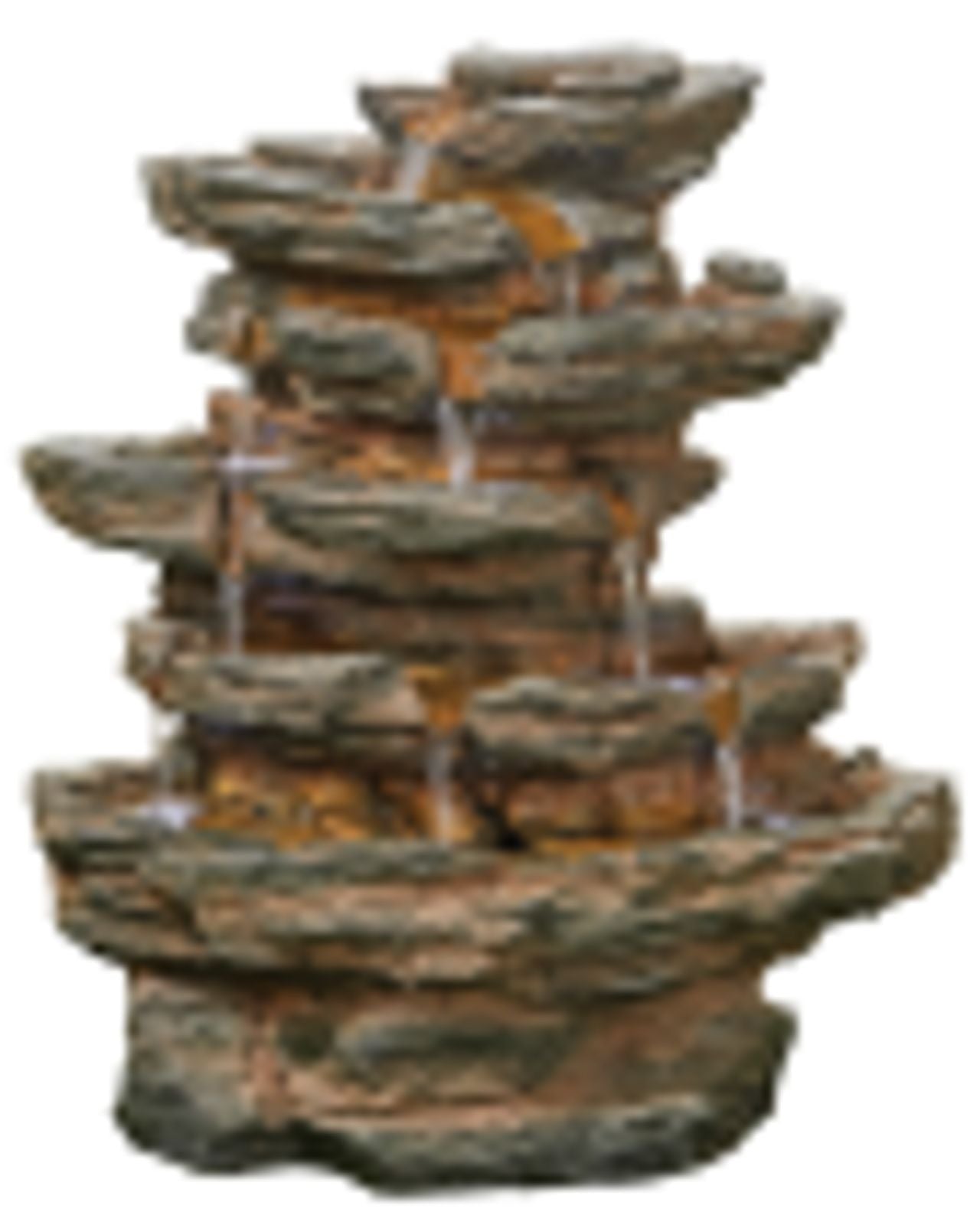 Rock-like water fountain with water flowing down the tiers on a white background