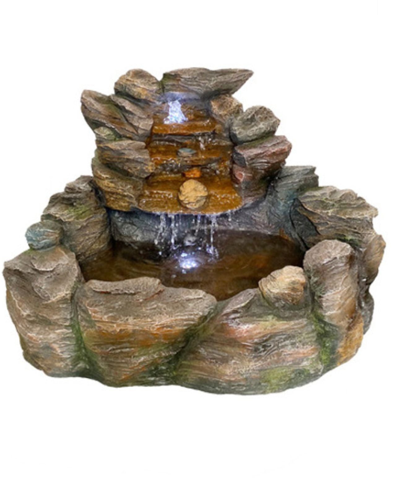Rock-like decorative fountain with water feature on a white background