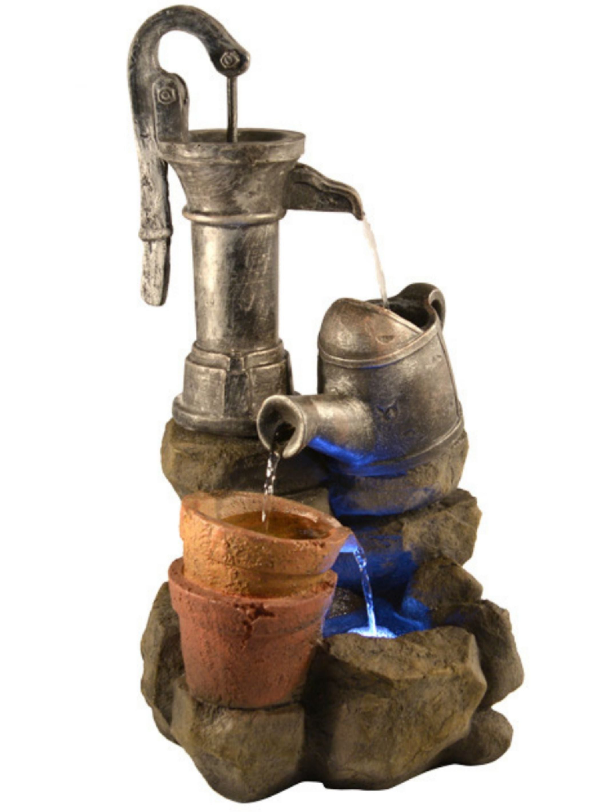 Hand Pump with Bowls & Rocks LED Light Water Feature 55cm