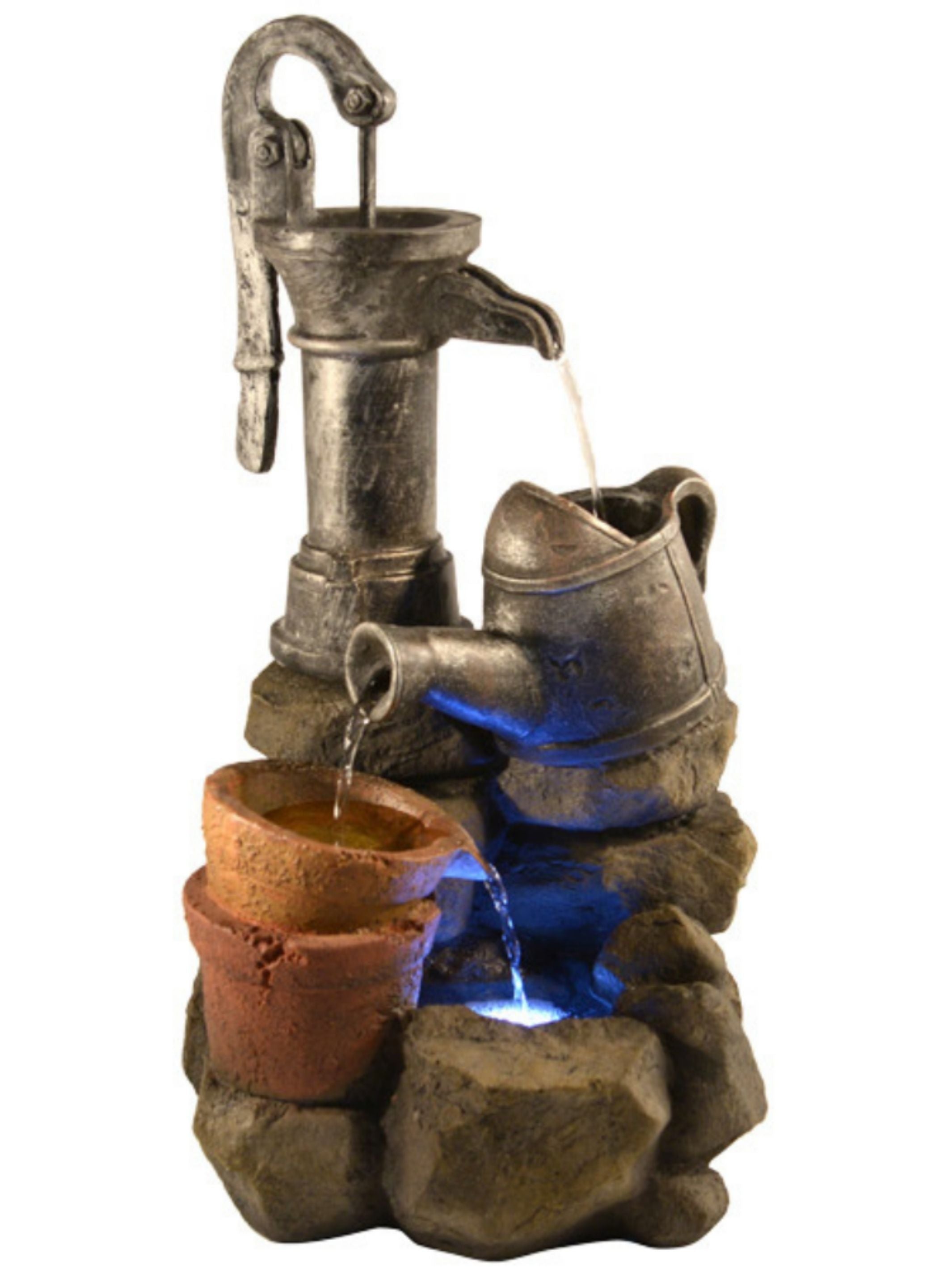Hand Pump with Bowls & Rocks LED Light Water Feature 55cm