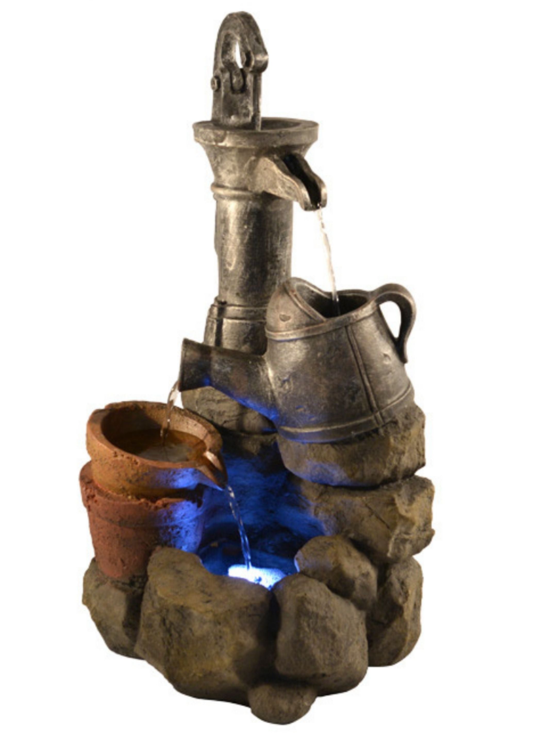 Hand Pump with Bowls & Rocks LED Light Water Feature 55cm