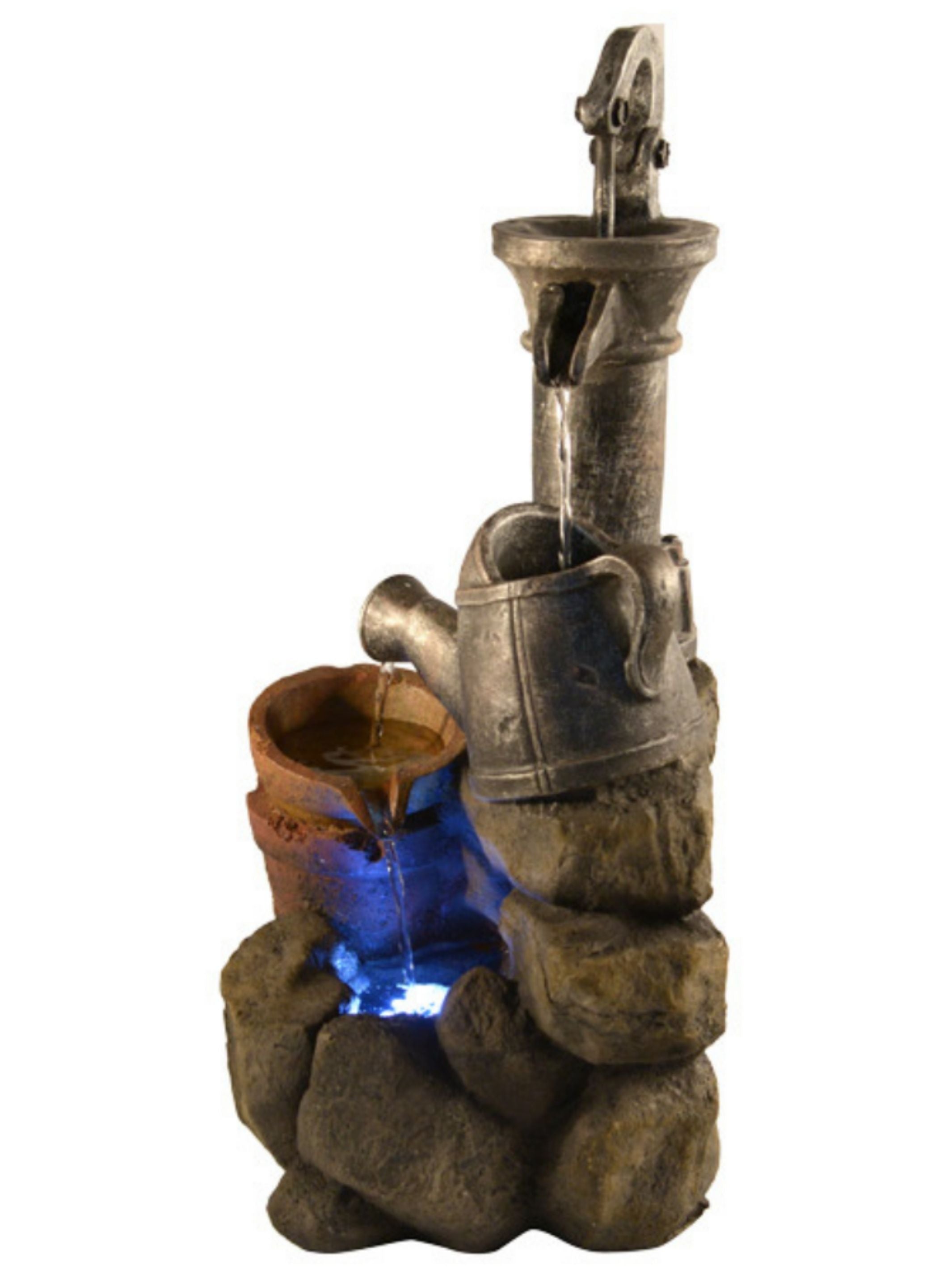 Hand Pump with Bowls & Rocks LED Light Water Feature 55cm