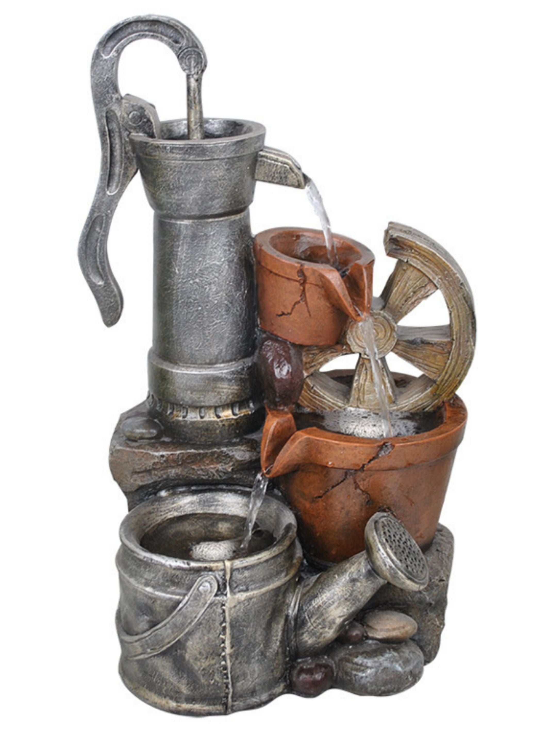 Rustic Hand Pump with Wheel LED Light Water Feature 49cm