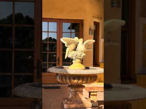 Load video: Doves Concrete Limestone Cement Statue 45cm1 with concrete water feature in patio setting