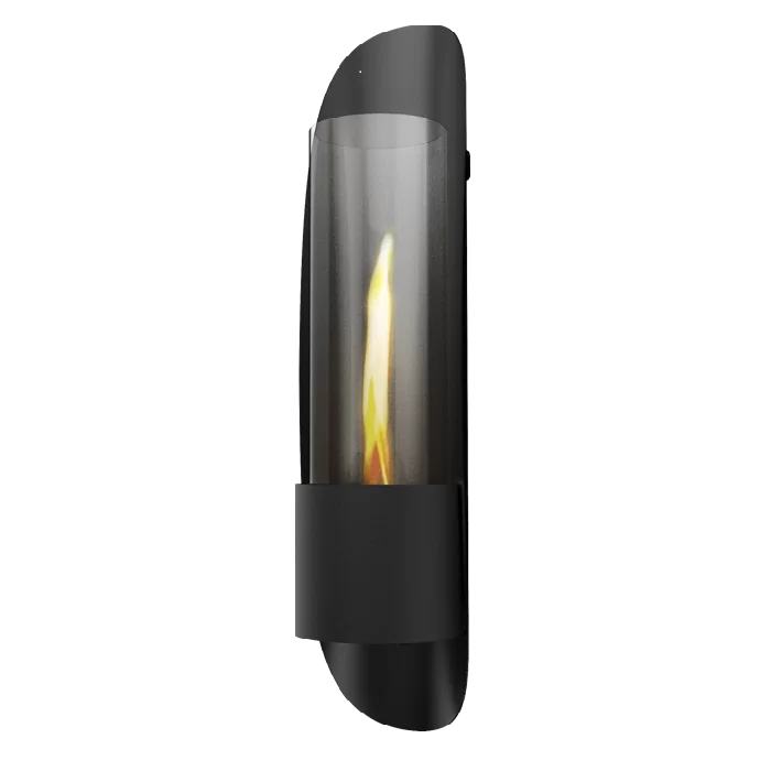 Black outdoor fireplace with visible flame on a white background