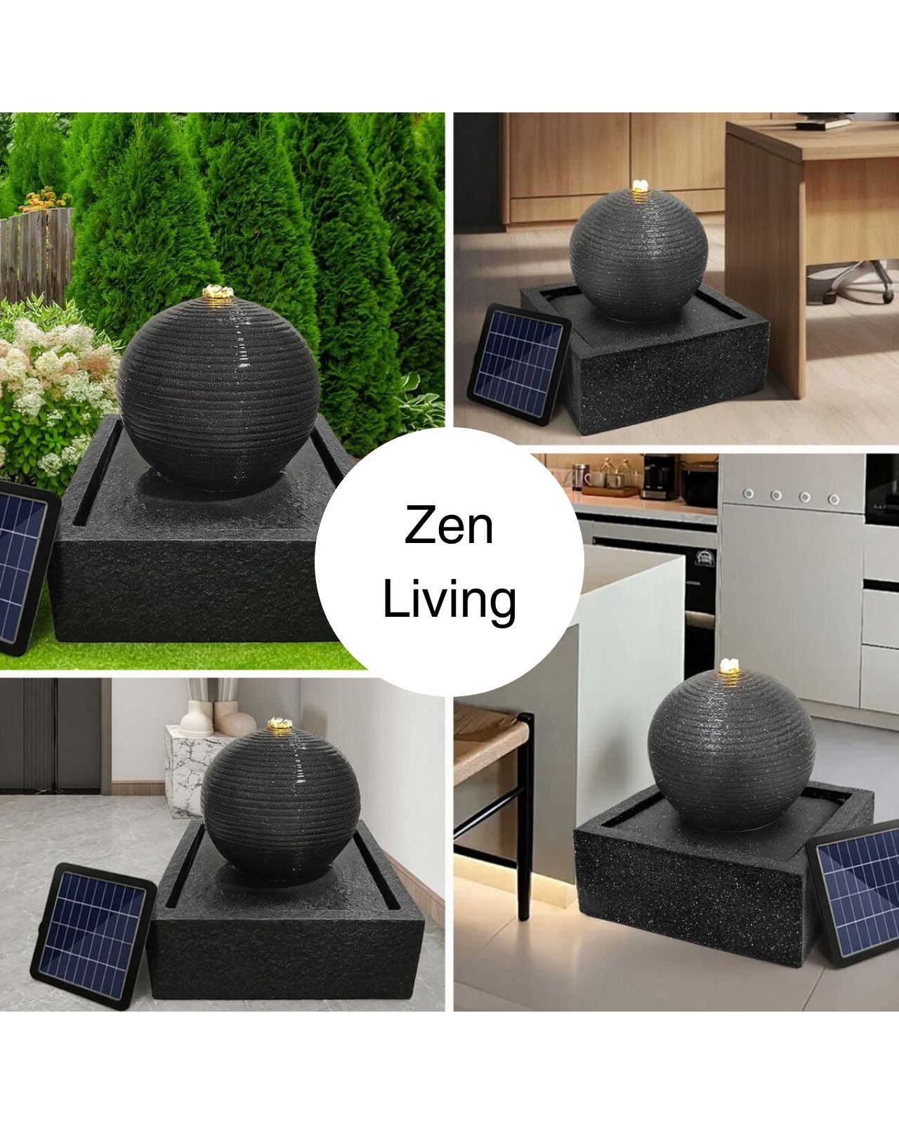 Black spherical water fountain with solar panel in various settings
