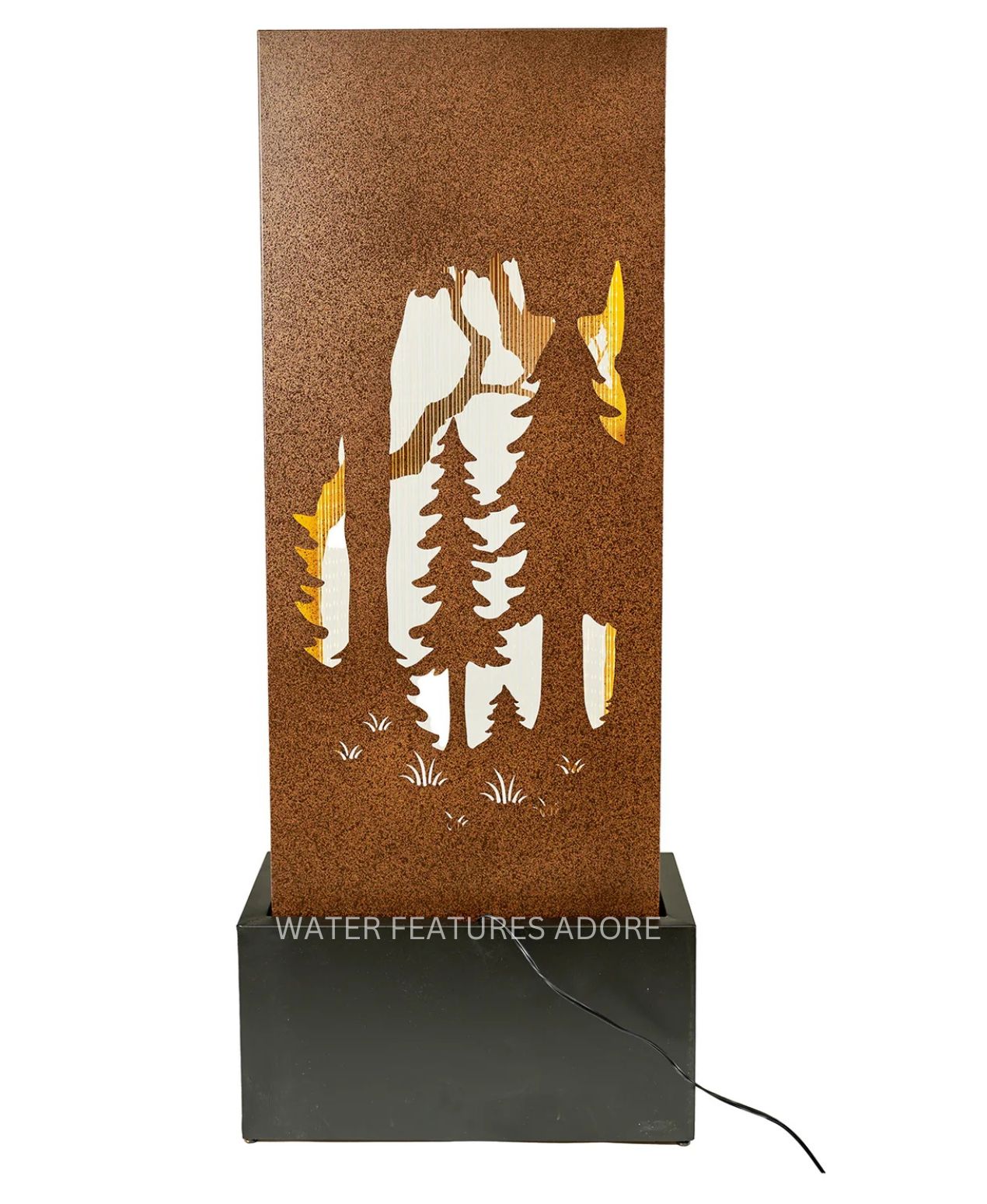 Decorative water fountain with nature-themed cutout design on a brown background