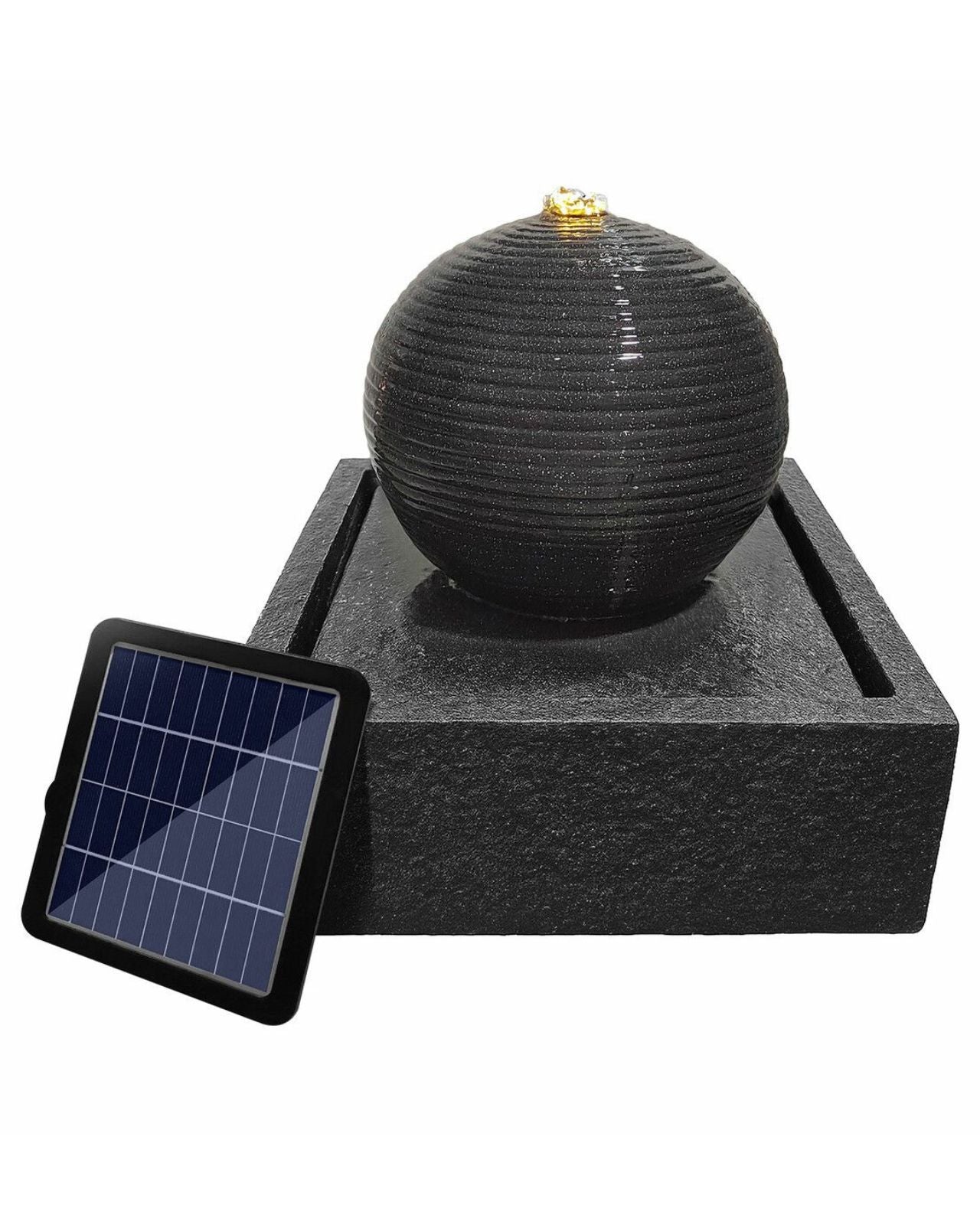 Black spherical water feature with solar panel on a white background