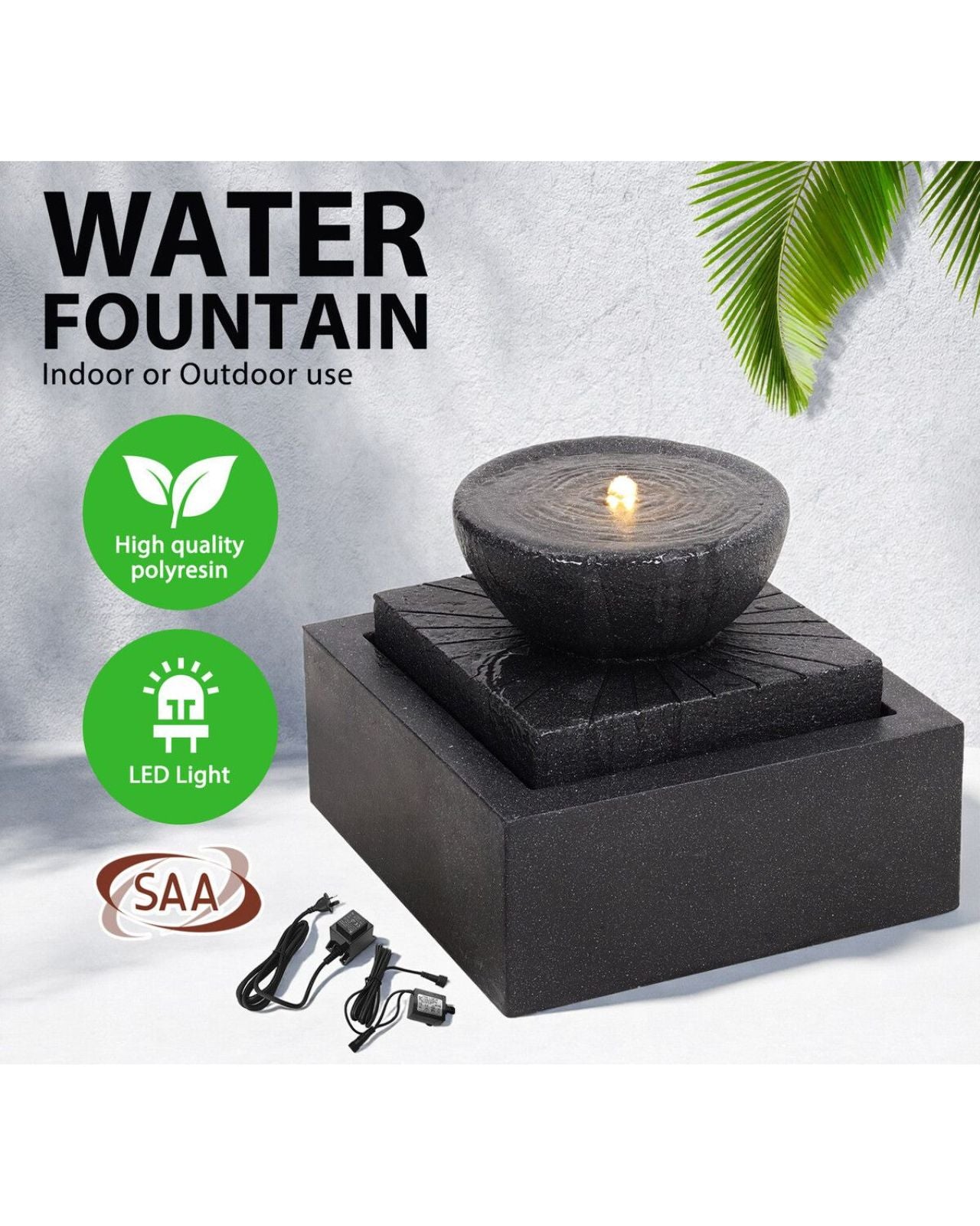 Flowra - Modern Bowl LED Water Feature  w/ Square Base