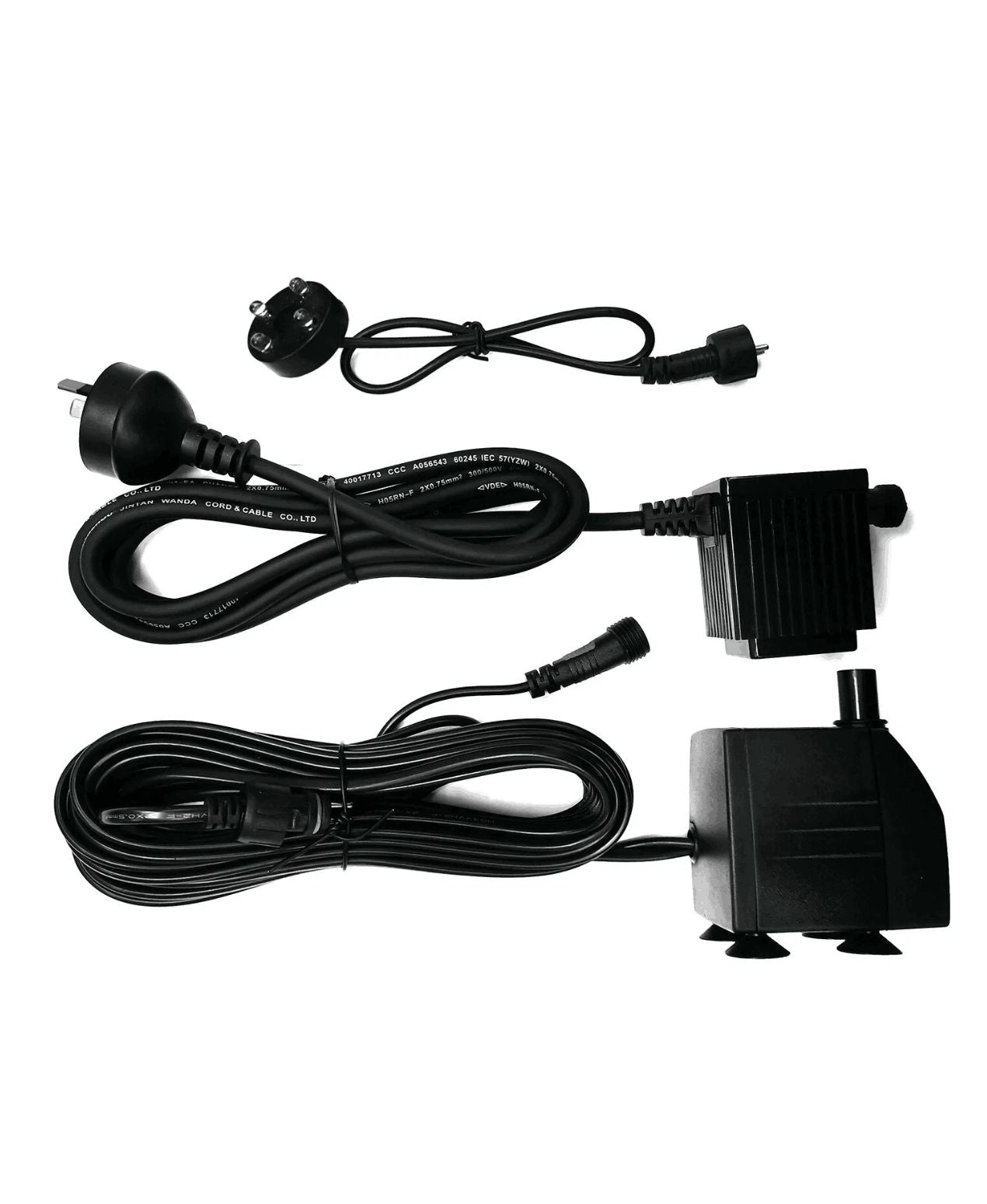 Black electric pump with power cord for water feature on a white background