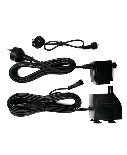 Black electric pump with power cord for water feature on a white background