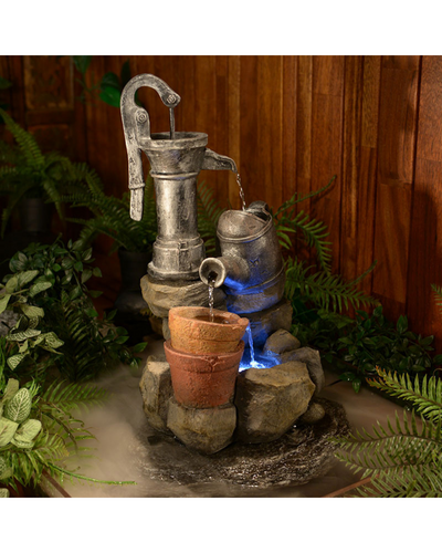 Hand Pump with Bowls & Rocks LED Light Water Feature 55cm