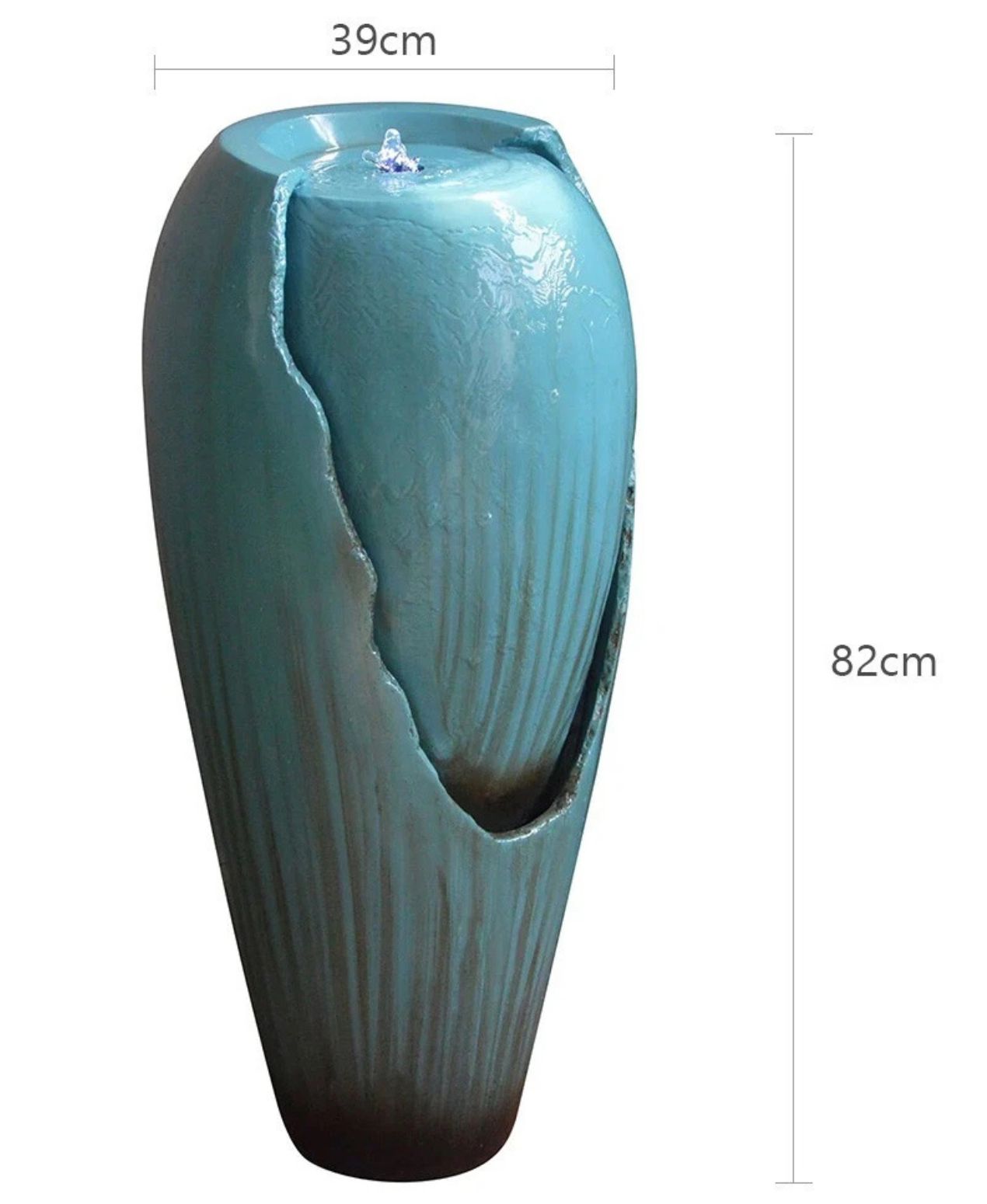 Teal ceramic vase water fountain with dimensions on a white background