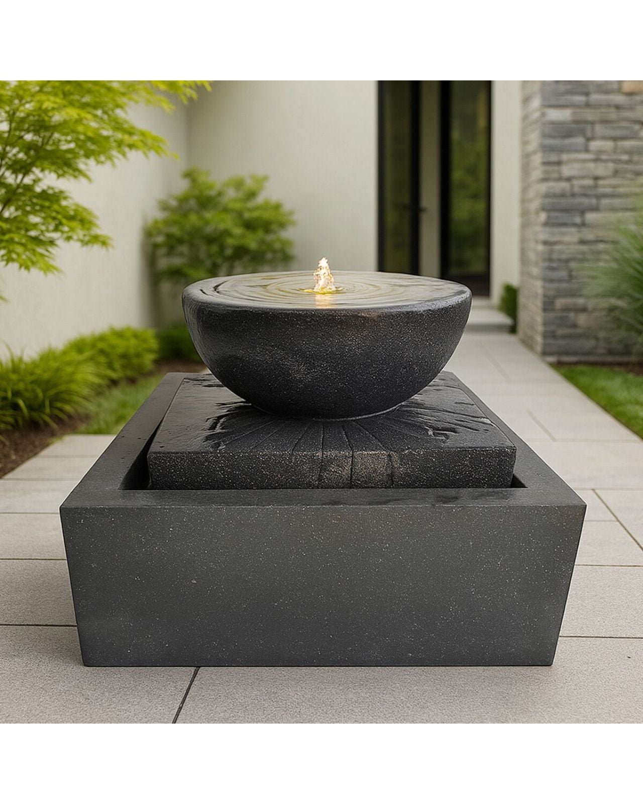 Flowra - Modern Bowl LED Water Feature  w/ Square Base