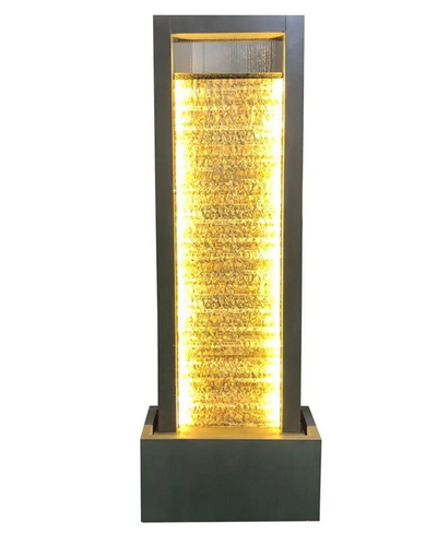 A modern wall-mounted LED light water feature with a sleek metallic finish and a vertical design that displays cascading water.