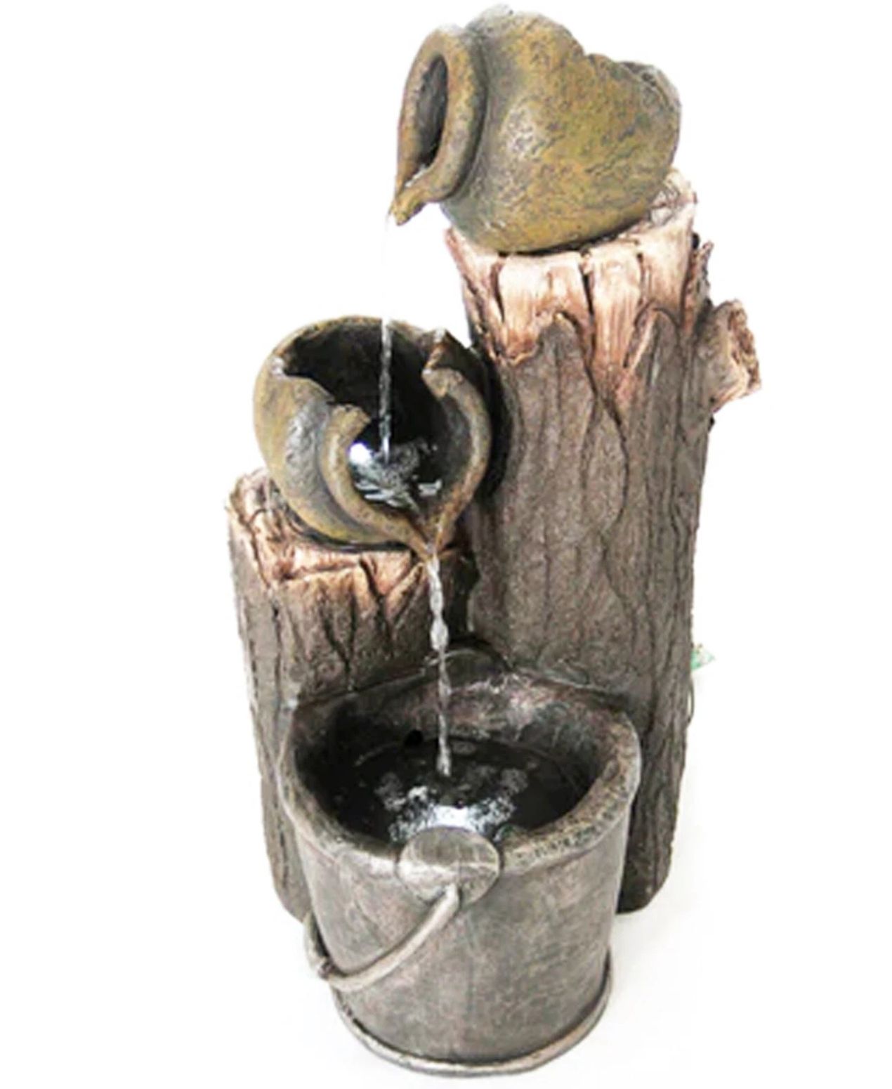 Decorative water fountain with a tree trunk and bucket design on a white background