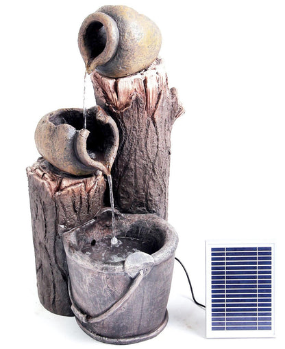 Decorative water feature fountain with solar panel on a white background