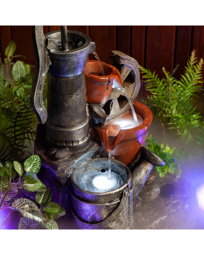 Rustic Hand Pump with Wheel LED Light Water Feature 49cm