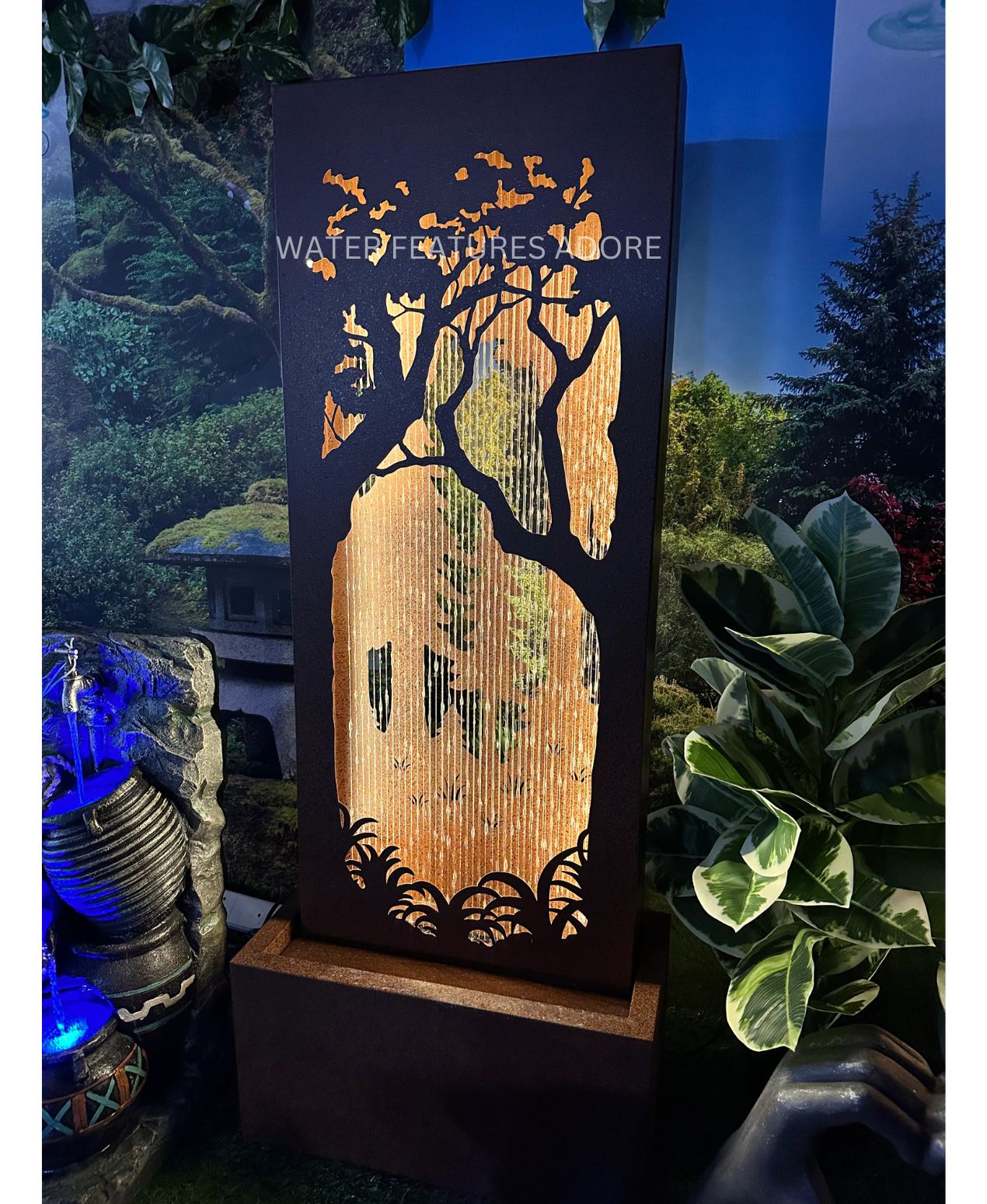 Sunset Grove - Rustic Metal Garden LED Wall Water Feature