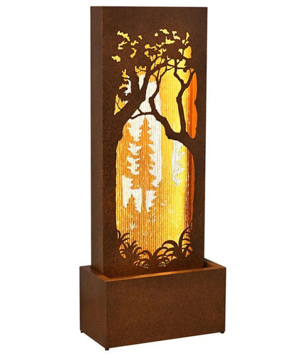 Decorative water feature with tree and forest design on a white background