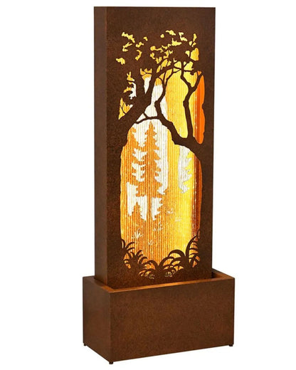 Decorative water feature with tree and forest design on a white background