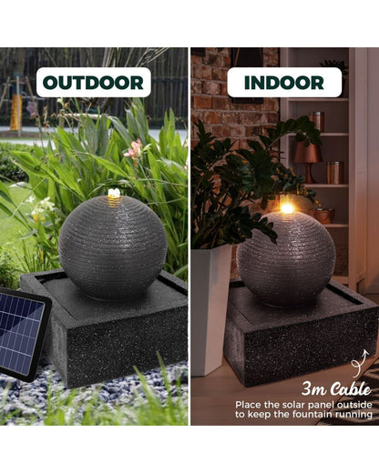 Solar-powered outdoor and indoor fountain with text indicating use scenarios.