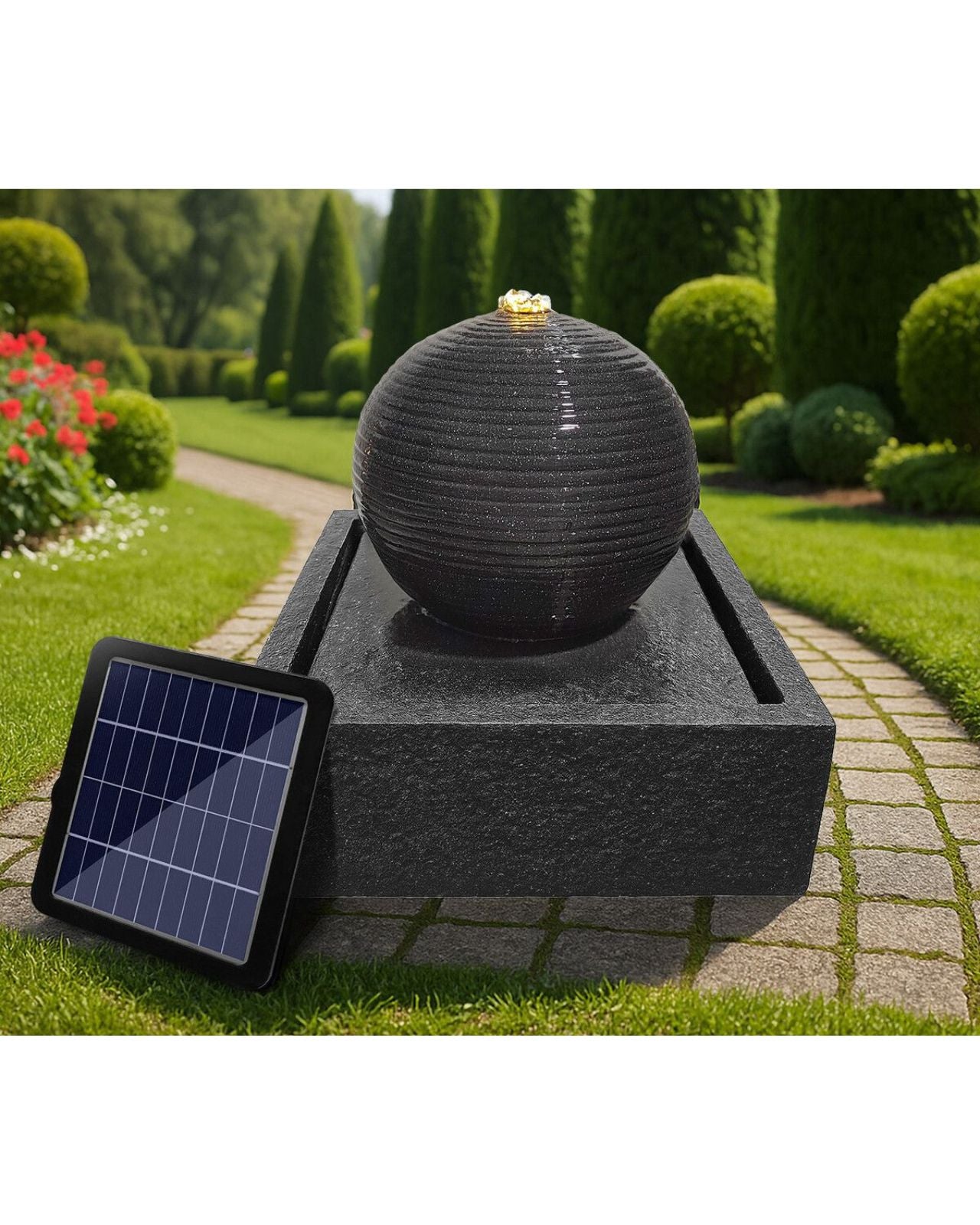 Solar-powered water fountain with spherical design in a garden setting