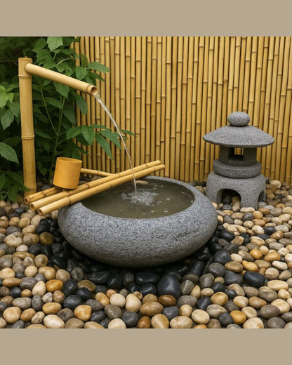 Japanese Bamboo Tsukubai Zen Water Feature w/ Kakehi Spout in garden setting