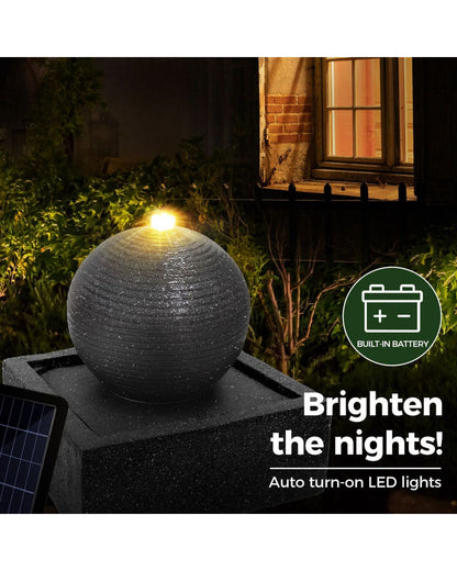 Spherical outdoor light fountain with solar panel and battery icon