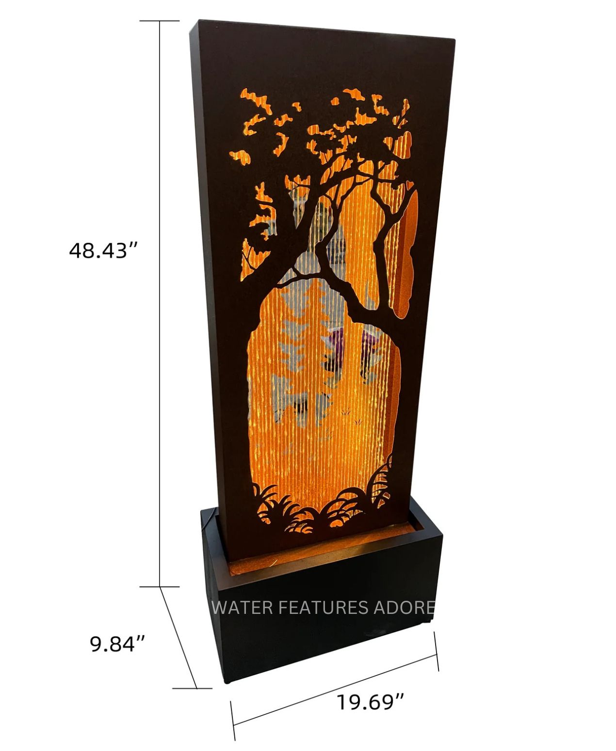Decorative water fountain with tree design and measurements on a white background
