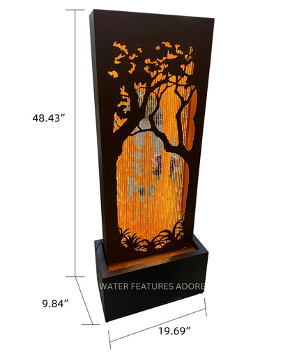Decorative water fountain with tree design and measurements on a white background