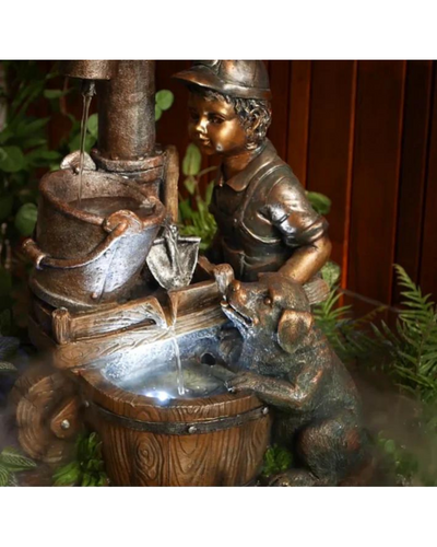 Boy with Puppy & Bowls LED Light Water Feature 56cm