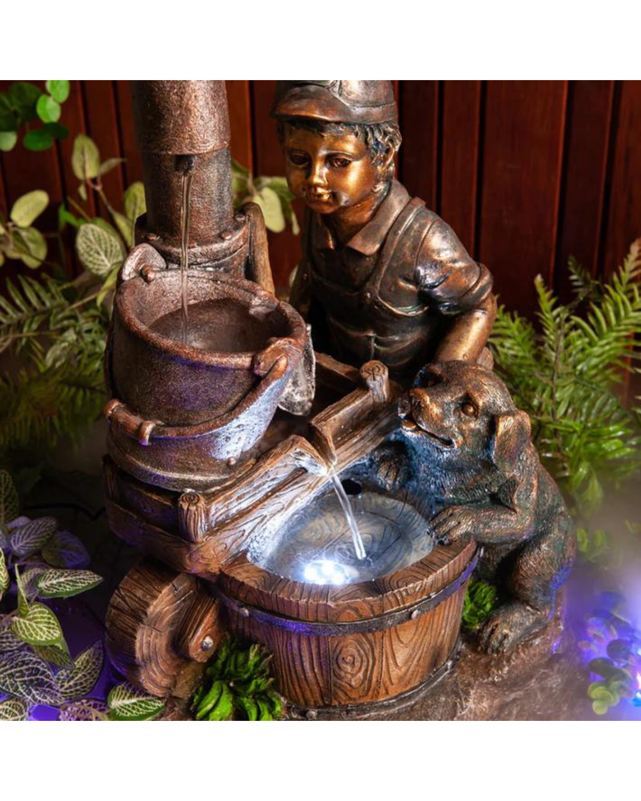 Boy with Puppy & Bowls LED Light Water Feature 56cm