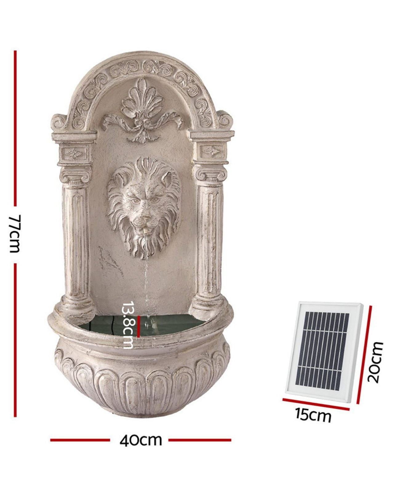 Decorative wall fountain with lion head design and solar panel, shown with measurements.