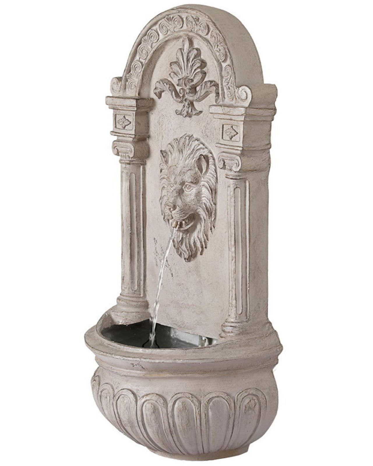 Decorative wall fountain with lion head design on a white background