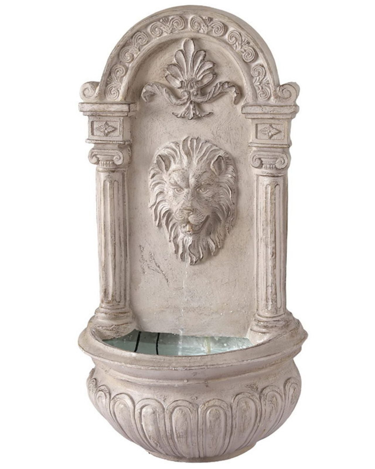 Decorative wall fountain with lion head design on a white background