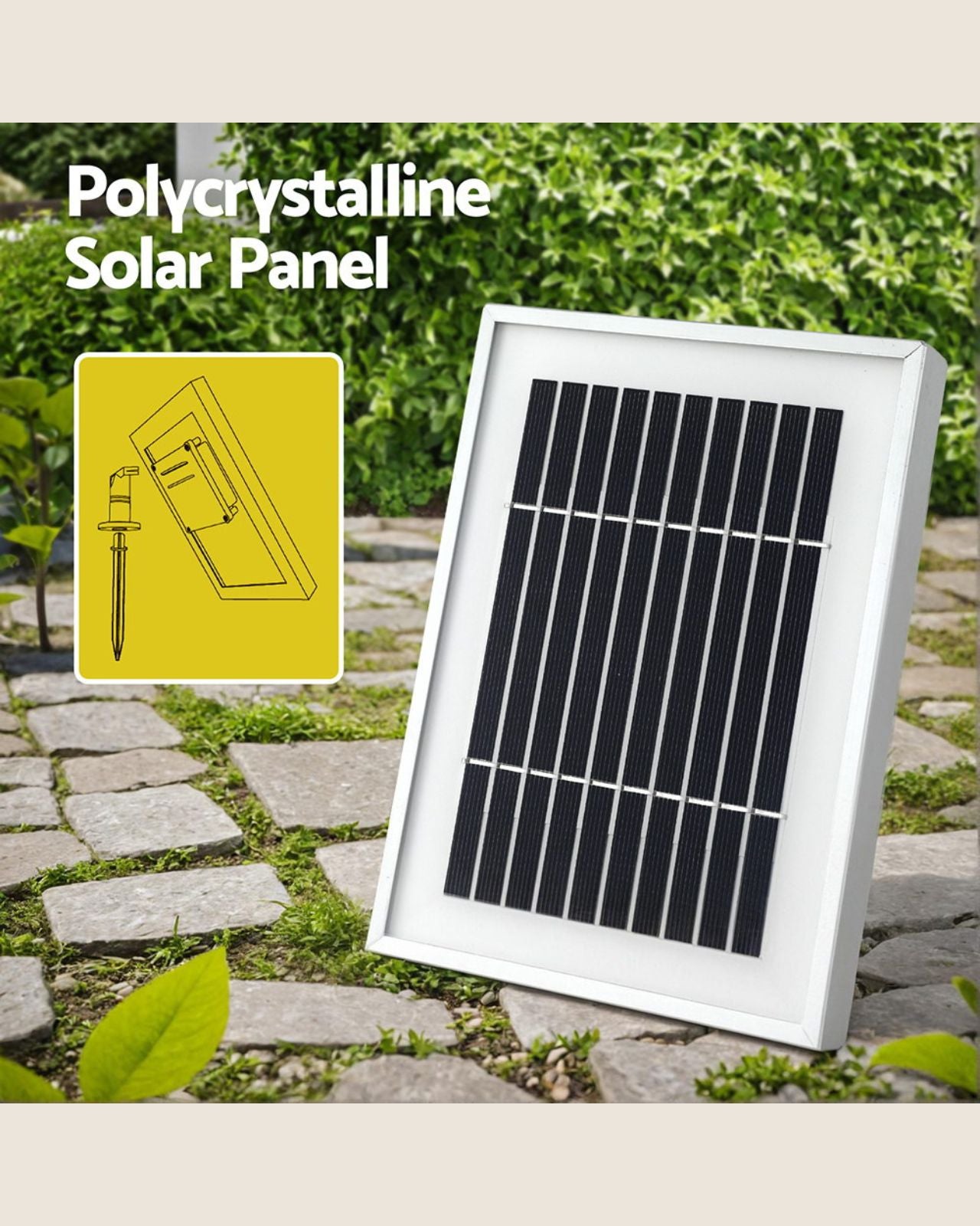 Polycrystalline solar panel for water feature on a stone path with greenery
