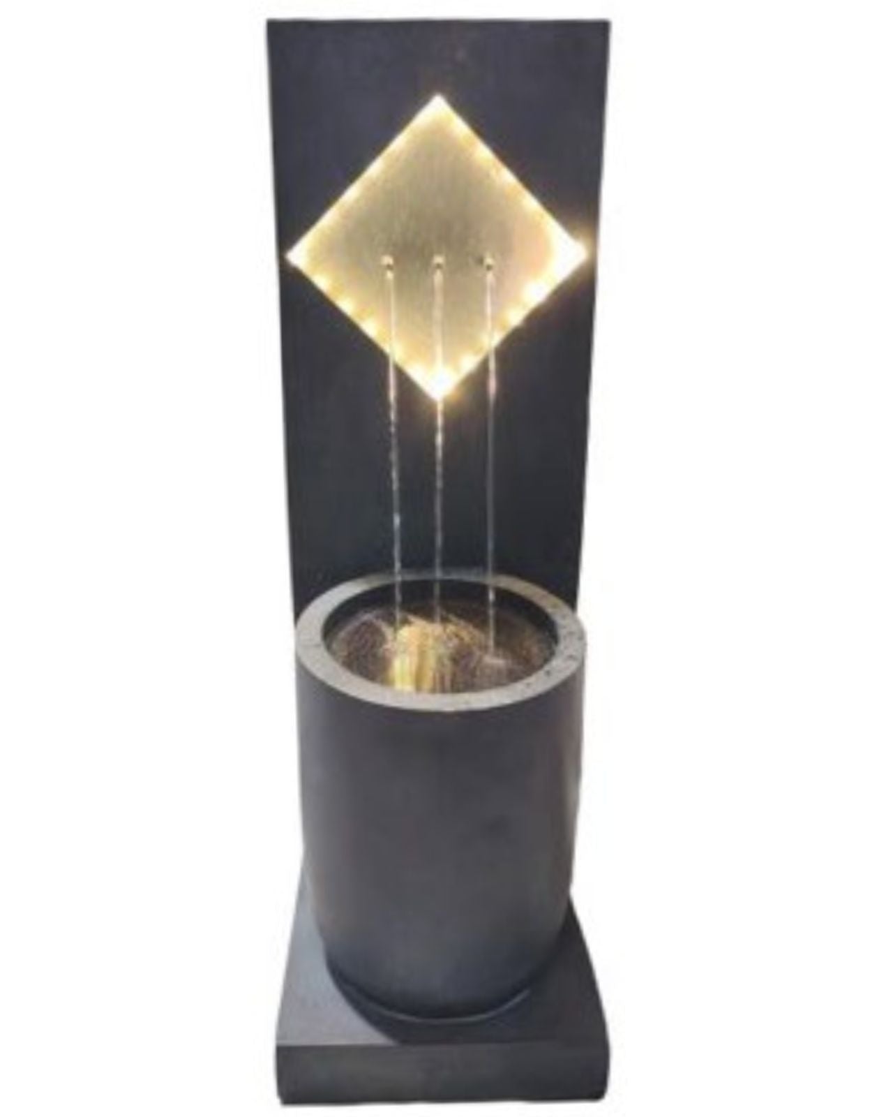 Modern indoor water fountain with geometric design on a white background
