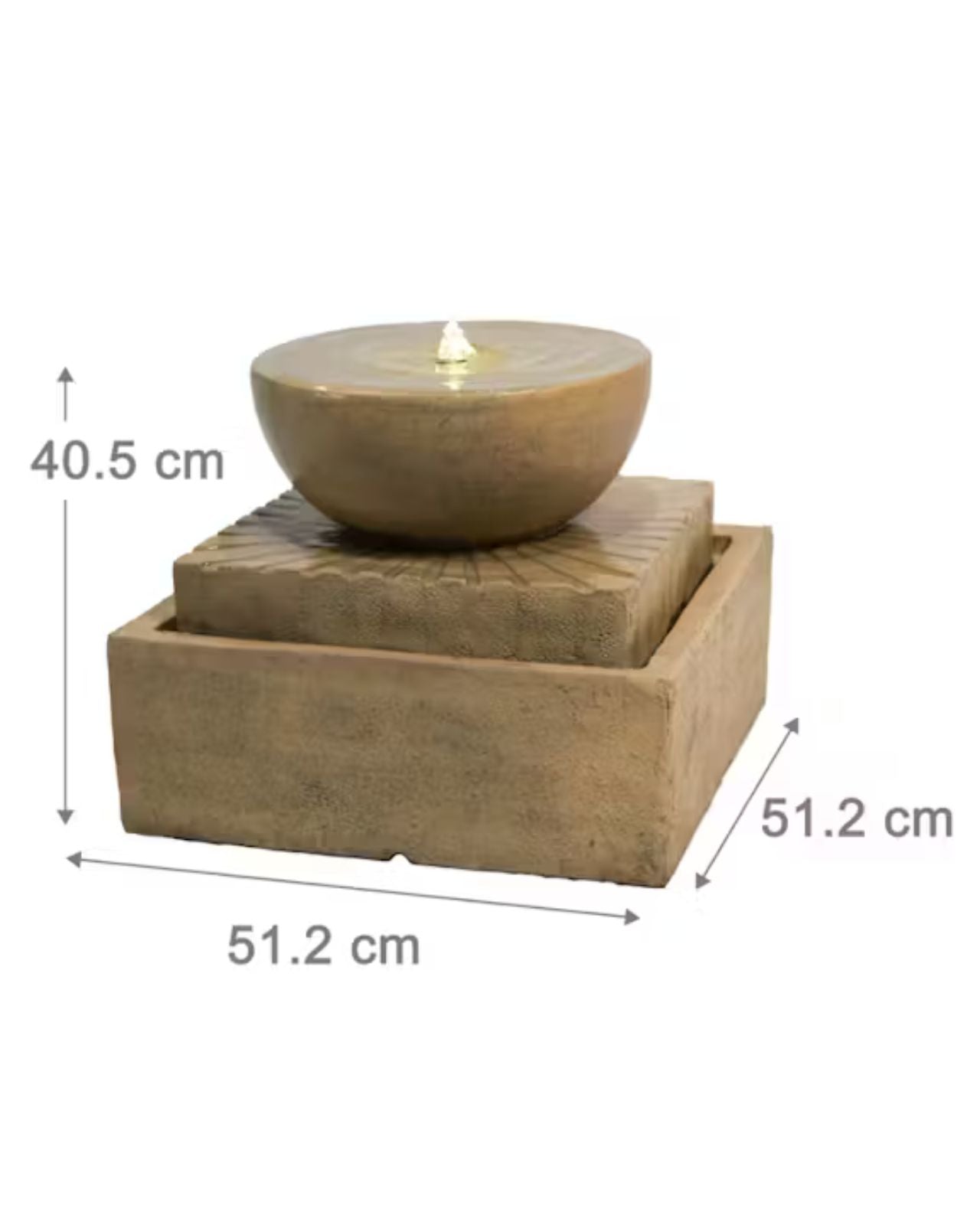 Decorative stone fountain with dimensions labeled on a white background